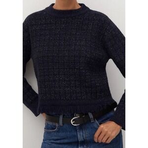 MNG Women Navy Blue Metallic Tweed Knit Fringe Sweater Pullover Top Size Large